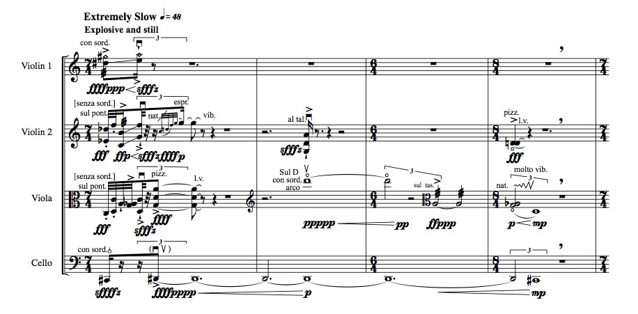 Blossom Sadness (bars 1-4) Crossman describes the work as aiming “to express an underlying fragile sadness amidst beauty as if a type of plum-blossom aesthetic moment had appeared before disappearing into kinaesthetic movement.”