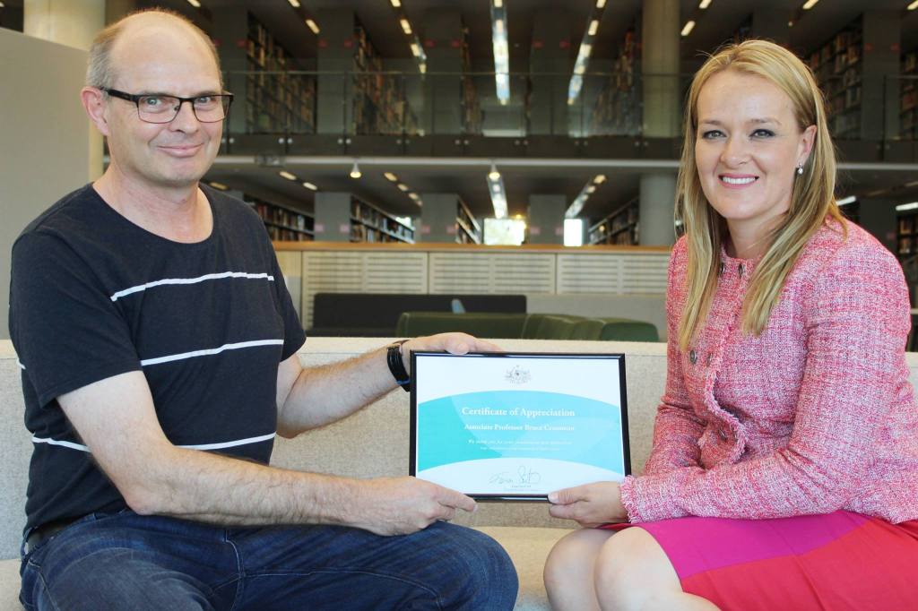 Bruce Crossman and Australian Federal MP, Fiona Scott, at Western Sydney University celebrate Australia-Japan Foundation grant.