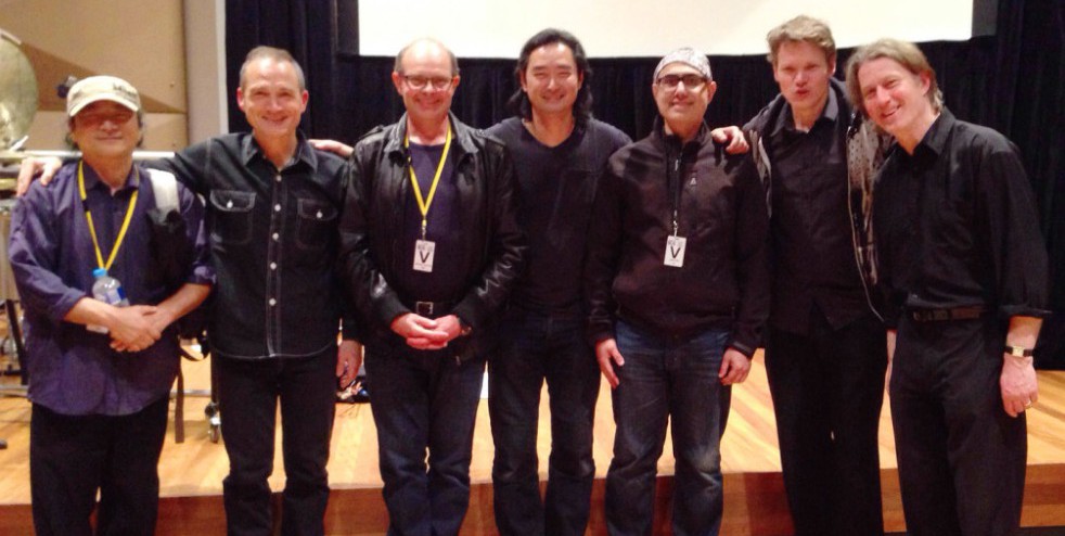WASJ Team: Luping Zeng (artist), Michael Kieran Harvey (pianist), Bruce Crossman (composer), Vincent Tay (cinematographer), Iqbal Barkat (film director/live projectionist), Tristram Williams (trumpet) and Peter Neville (percussion)—Melbourne 26 September 2015, Iwaki Auditorium (©photo: Filigree Films)
